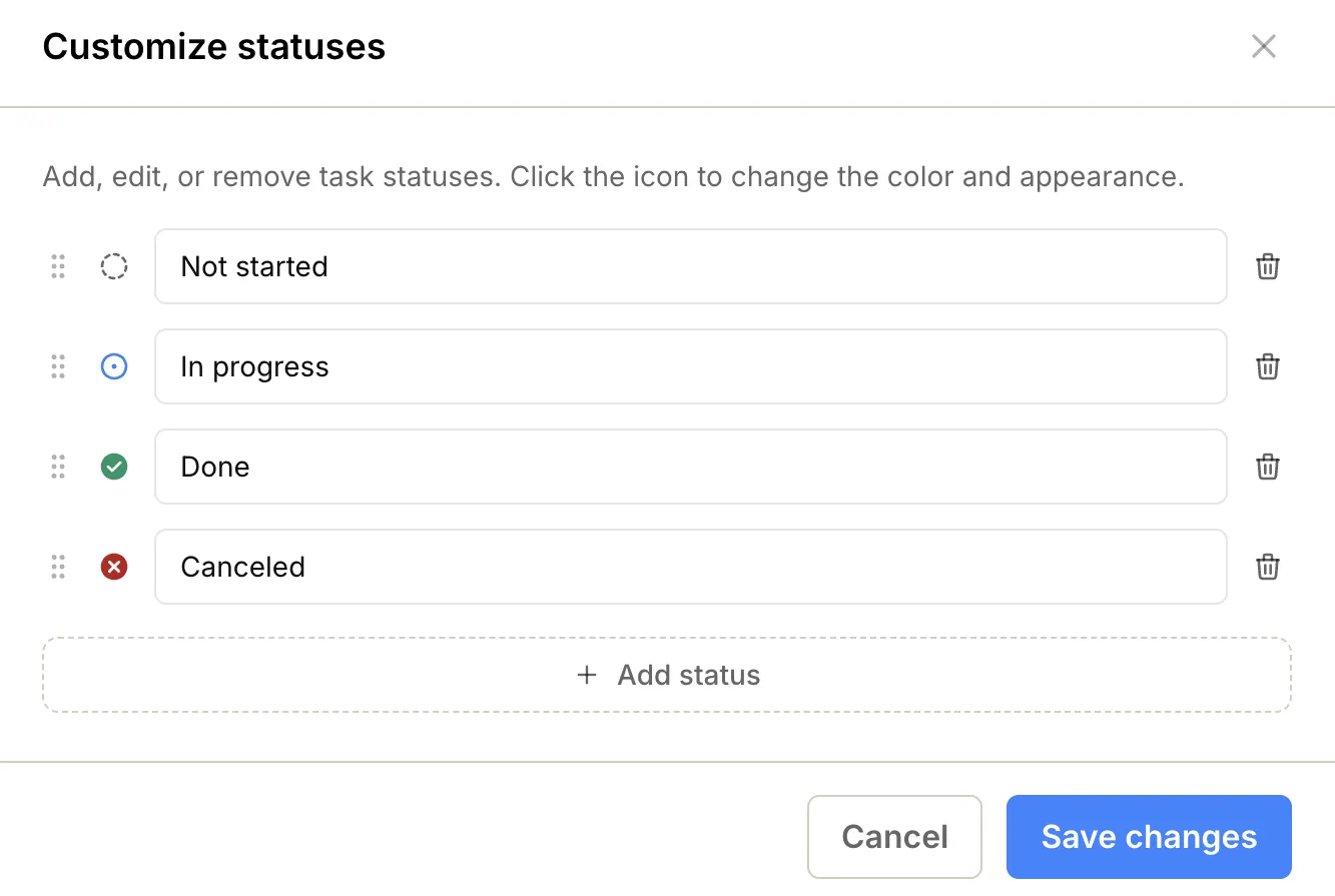 Screenshot: Customize statuses form